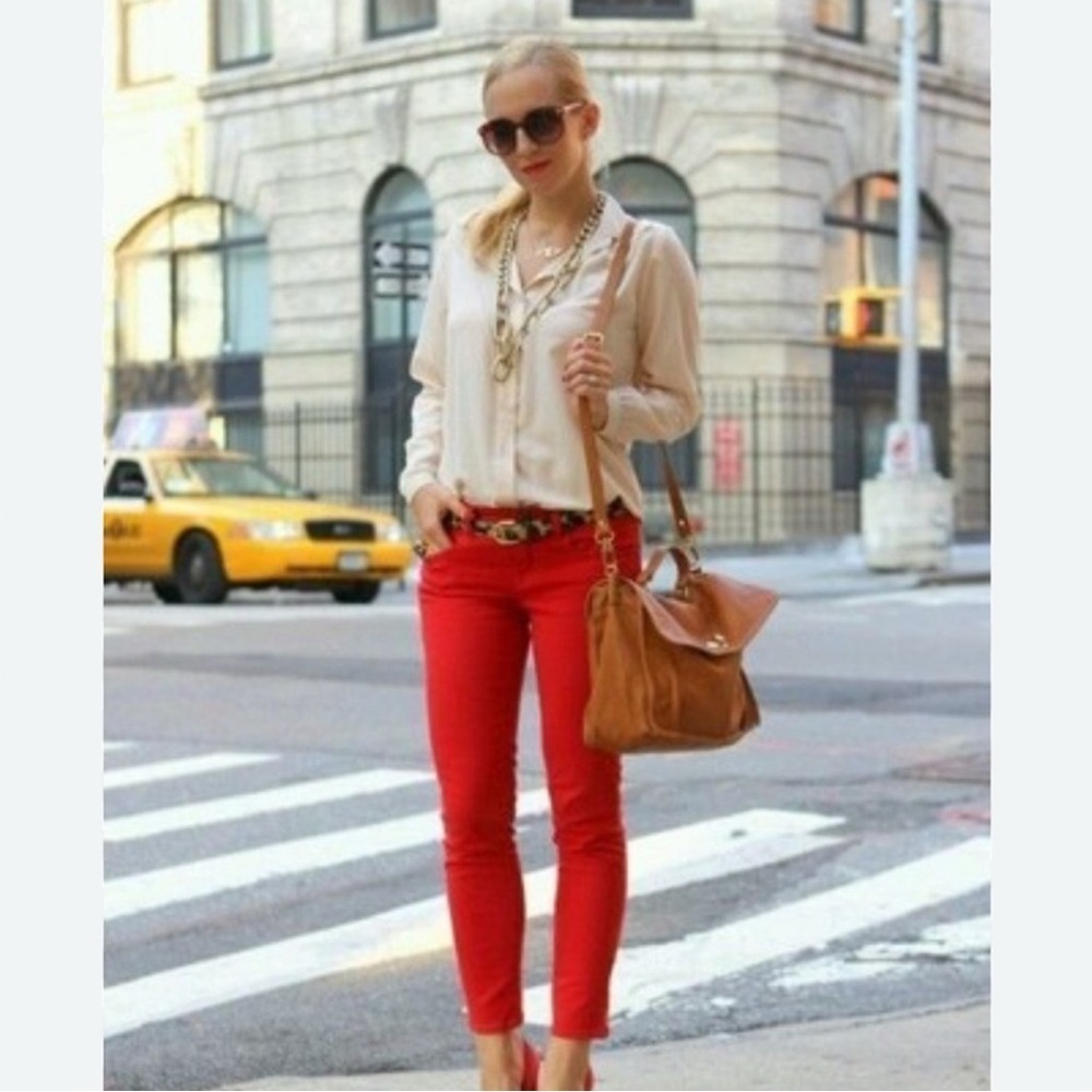 Tory Burch Red Cropped Skinny Jeans Embroidered Logo Pockets Size 26 denim NEW - Picture 2 of 15